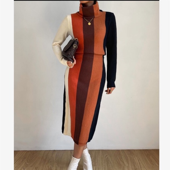 Cozy Color Block Stripe Turtleneck Sweater Dress - Picture 4 of 11